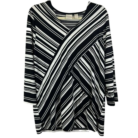 Chicos Tunic Top 3 US XL Black White Mixed Print Layered 3/4 Sleeve Stretch Art - Picture 1 of 6